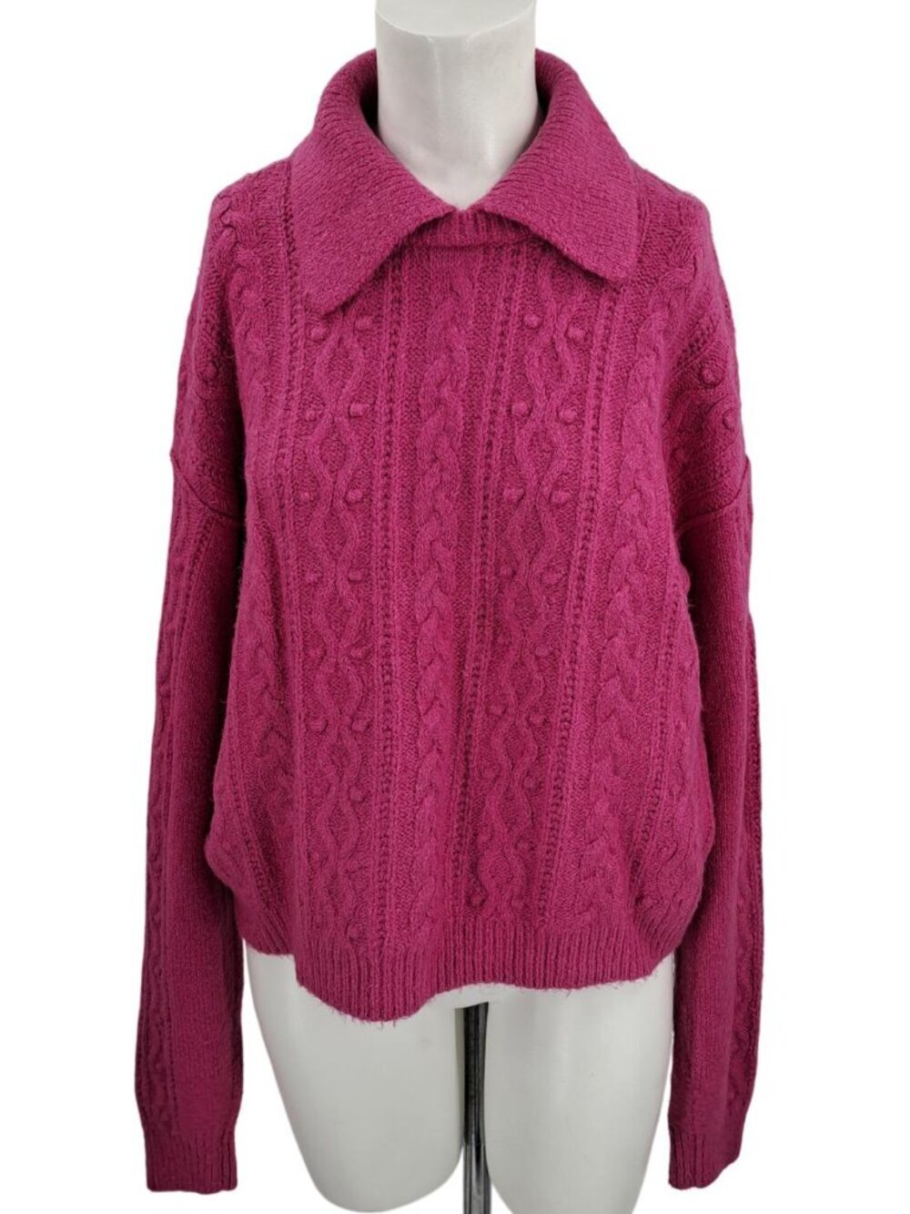 Free People Every Cloud Cable Knit Pullover Collar Sweater Size L Pink Fizz Soft
